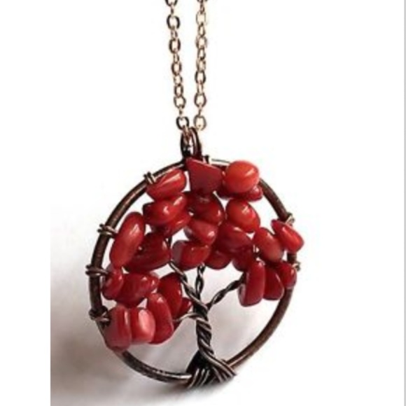 Red Coral Gemstone Chip Tree of Life Necklace 20" Celtic Rose Gold Copper Plated - Picture 4 of 8